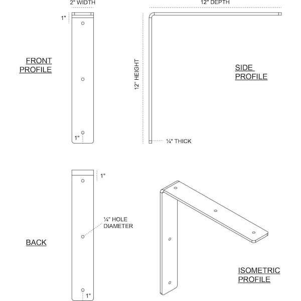 Hamilton Steel Bracket, Powder Coated Black 2W X 12D X 12H